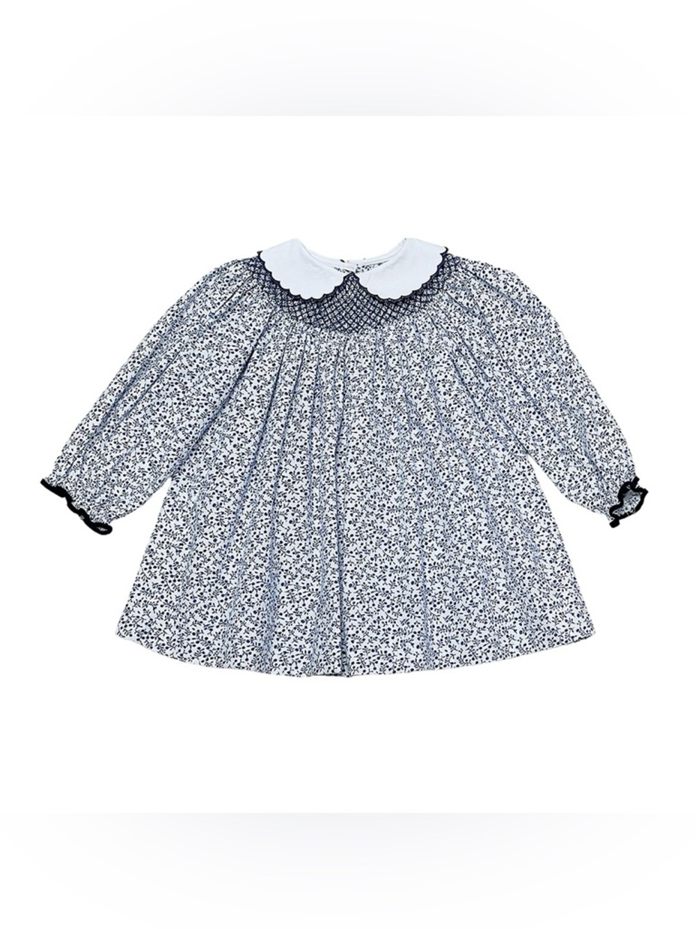 Classic Navy Floral Smocked Girls' Dress with Peter Pan Collar